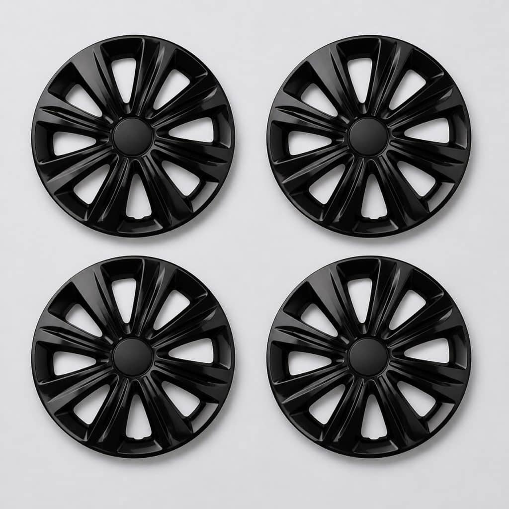 Jeu de 4 enjoliveurs 14 pouces noir brillant présentés ensemble