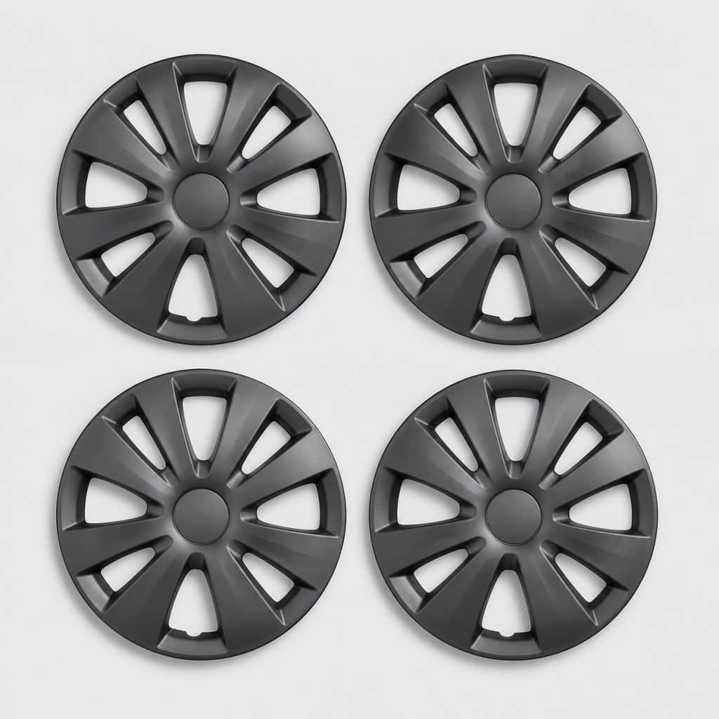 Jeu de 4 enjoliveurs 17 pouces gris anthracite mat présentés ensemble
