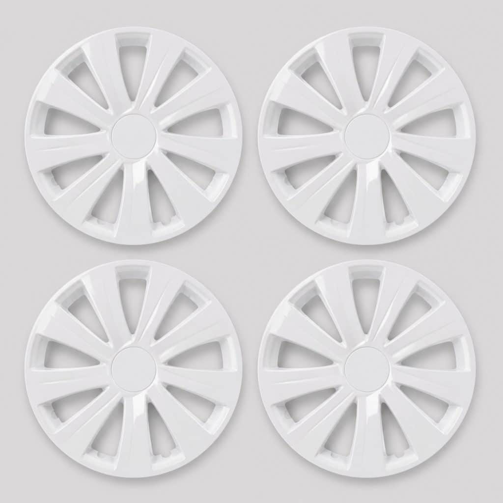Jeu de 4 enjoliveurs 18 pouces blanc brillant présentés ensemble