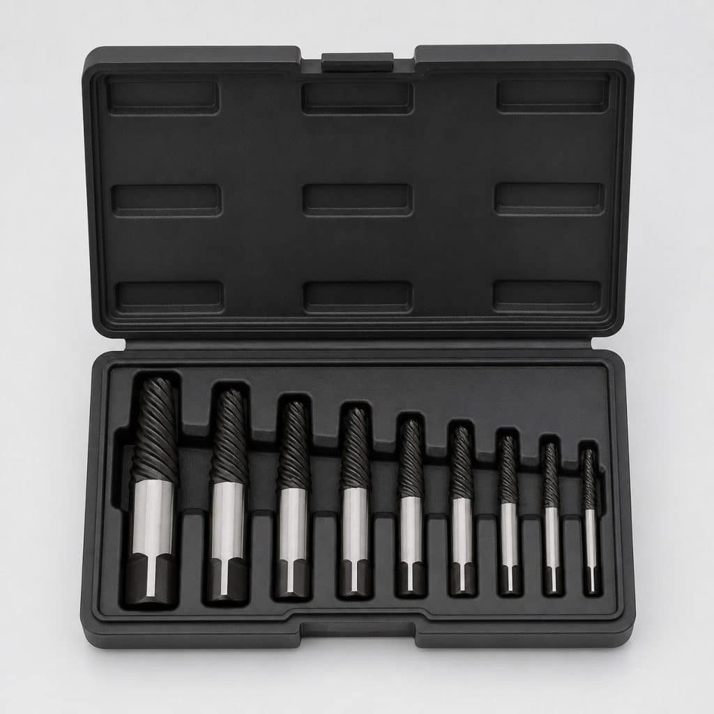 Coffret d'extracteurs de vis présenté sur fond clair