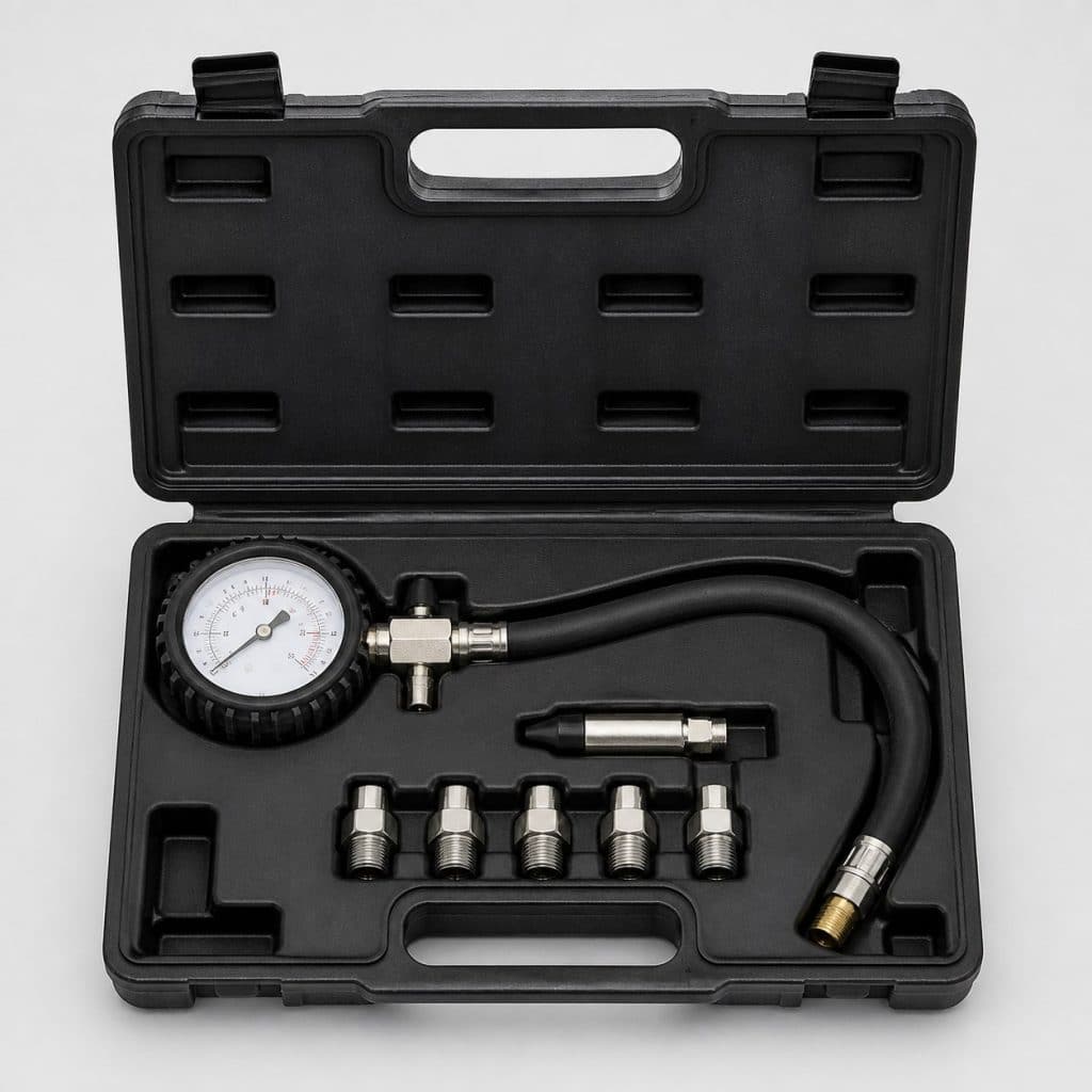 Kit de testeur de compression présenté avec sa mallette